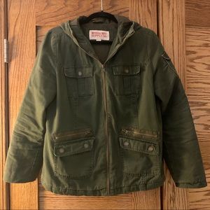 Olive Green Hooded Jacket with Zipper - L